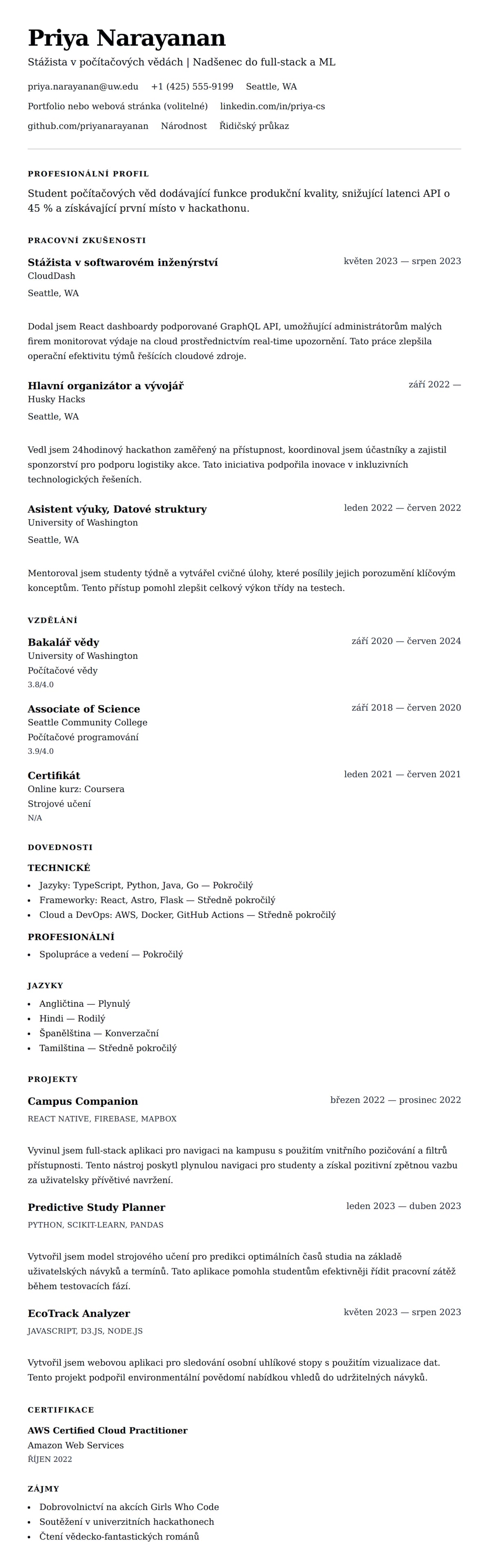 Náhled životopisu pro Příklad životopisu pro stáž v počítačových vědách