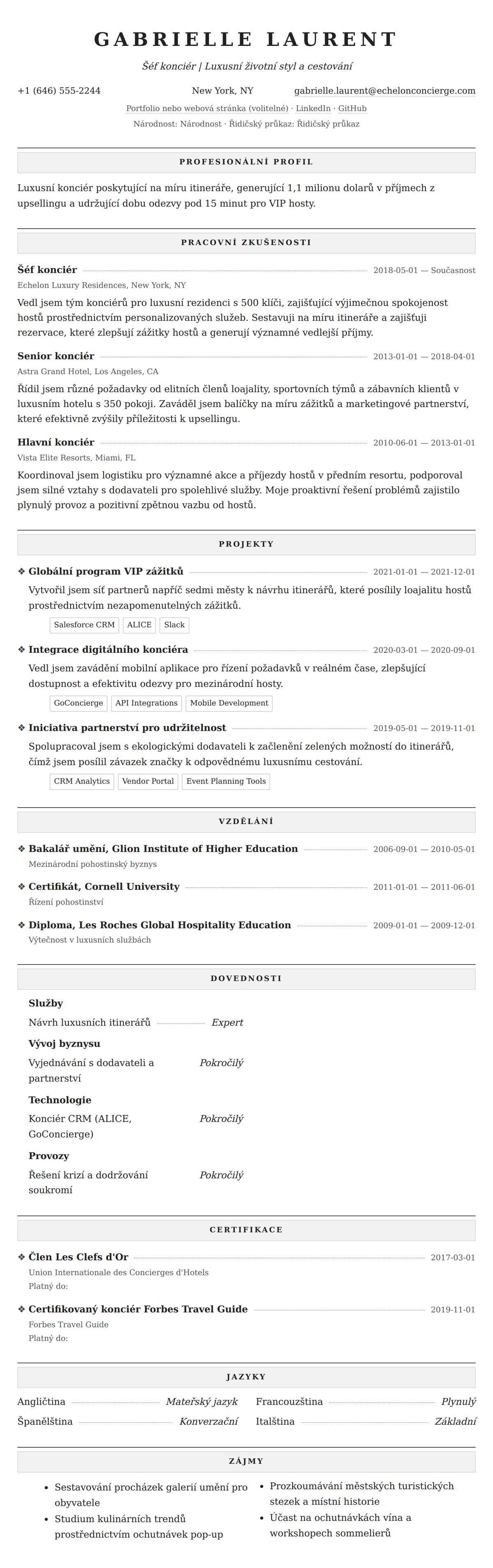 Náhled životopisu pro Příklad životopisu konciéra