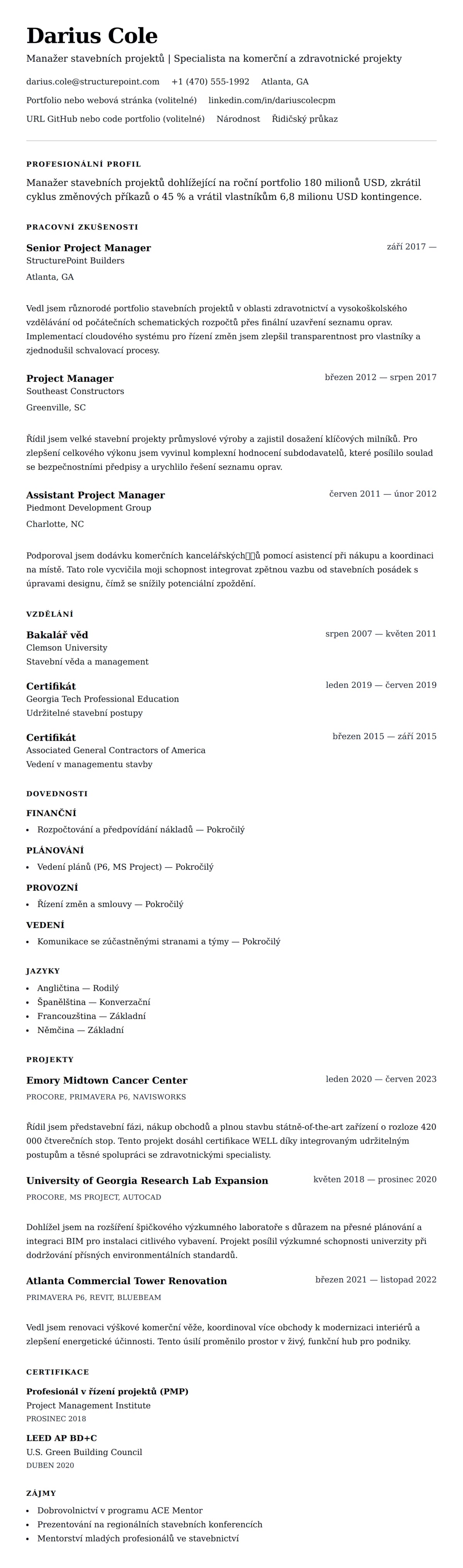 Náhled životopisu pro Příklad životopisu Manažera stavebních projektů
