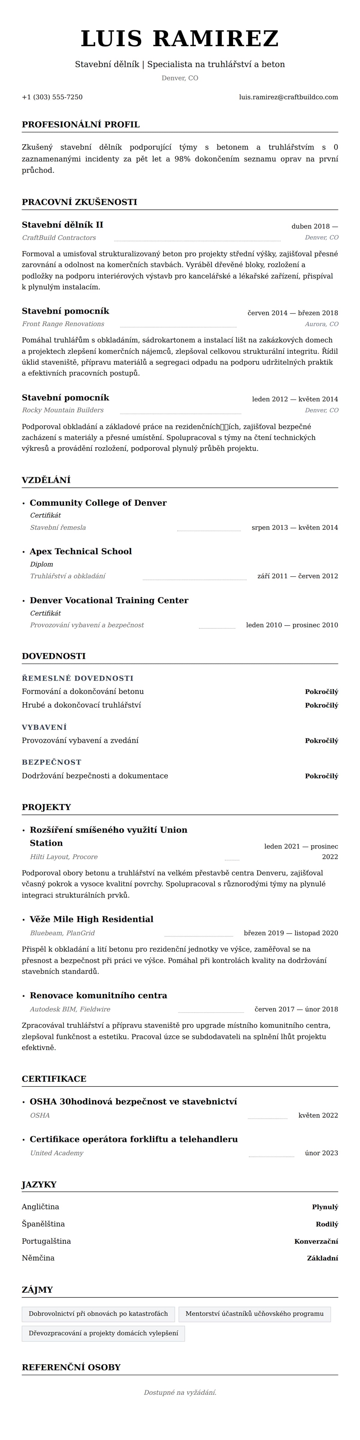Náhled životopisu pro Příklad životopisu stavebního dělníka