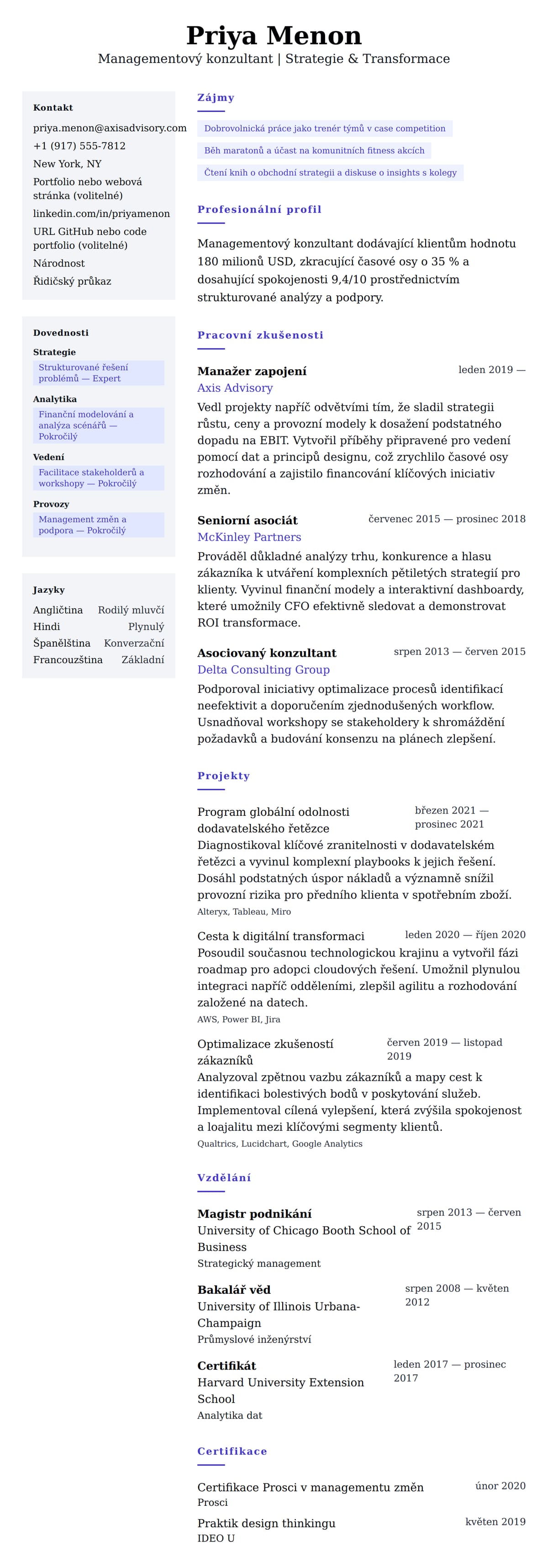 Náhled životopisu pro Příklad životopisu managementového konzultanta