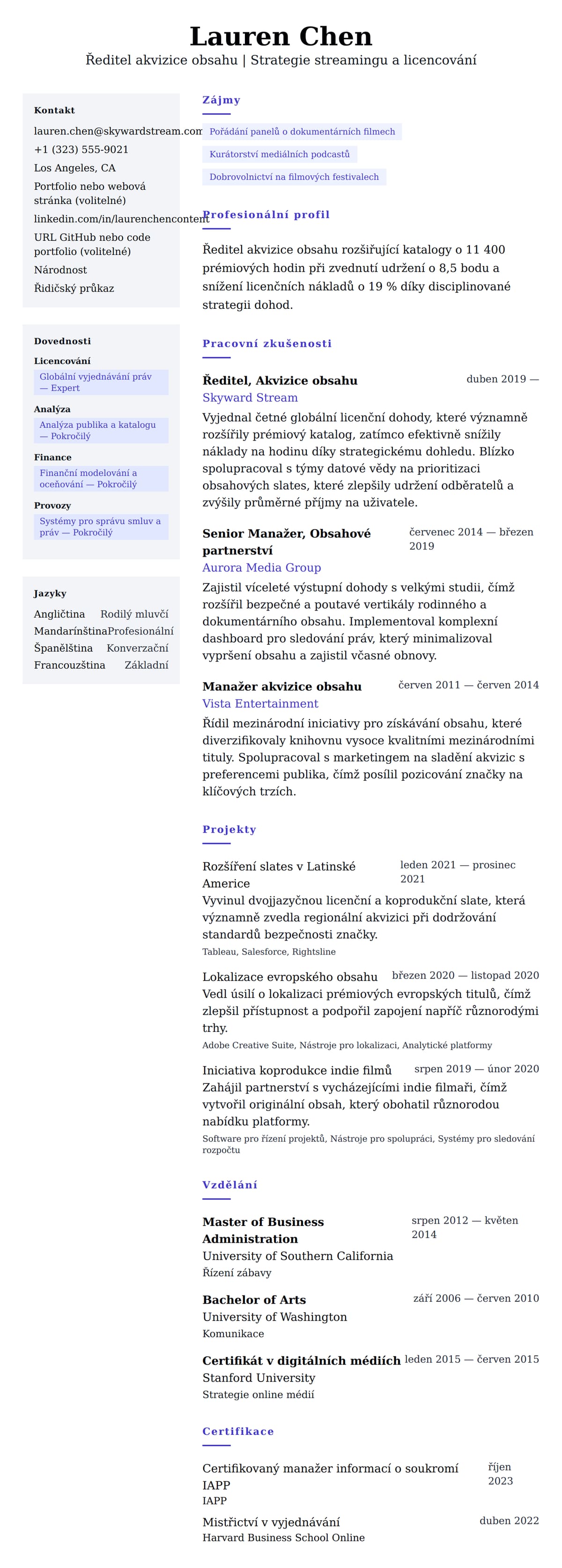 Náhled životopisu pro Příklad životopisu ředitele akvizice obsahu