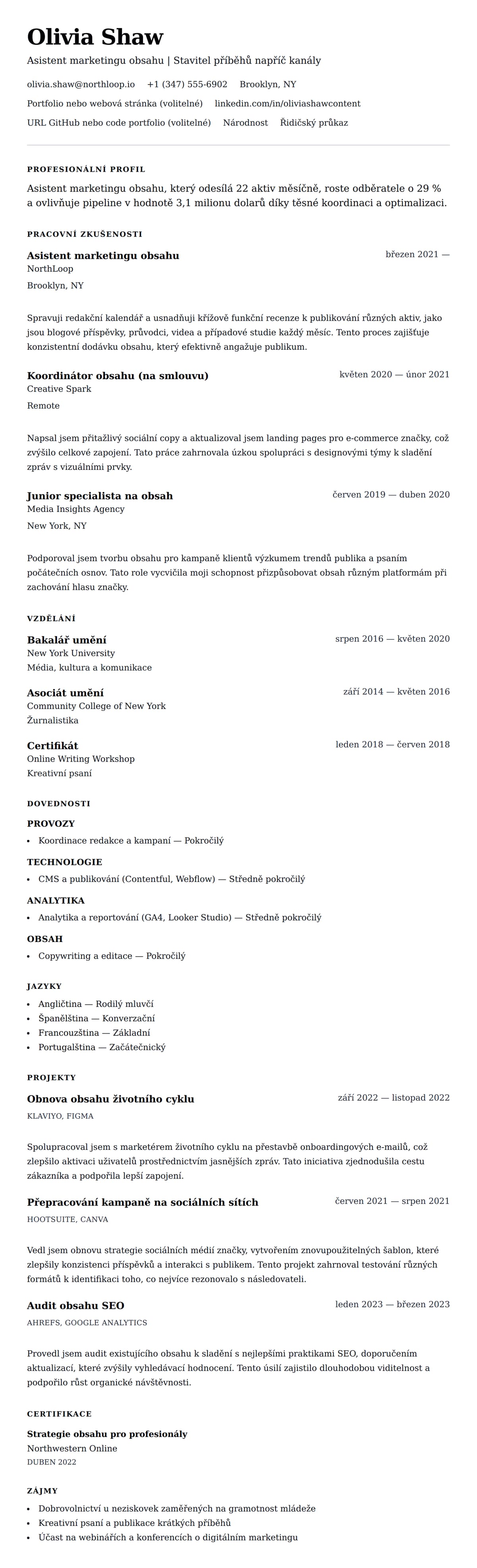 Náhled životopisu pro Příklad životopisu Asistenta marketingu obsahu