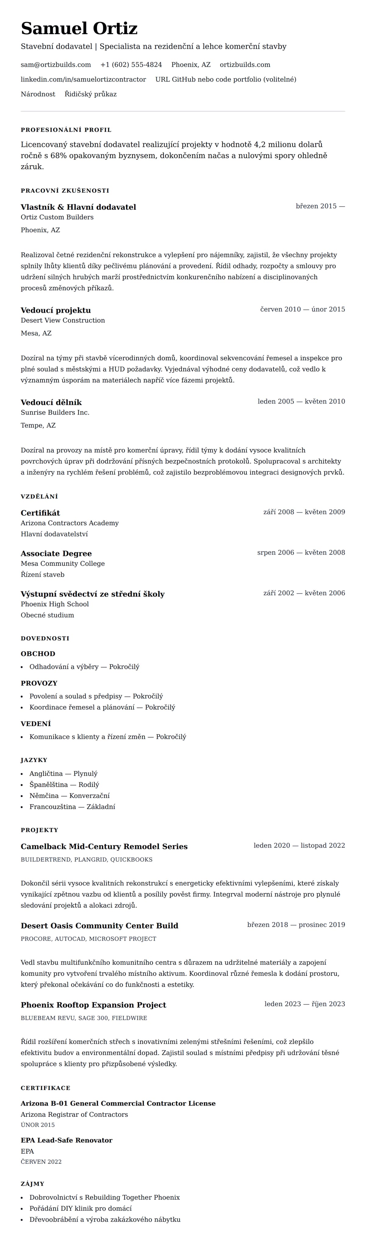 Náhled životopisu pro Příklad životopisu stavebního dodavatele