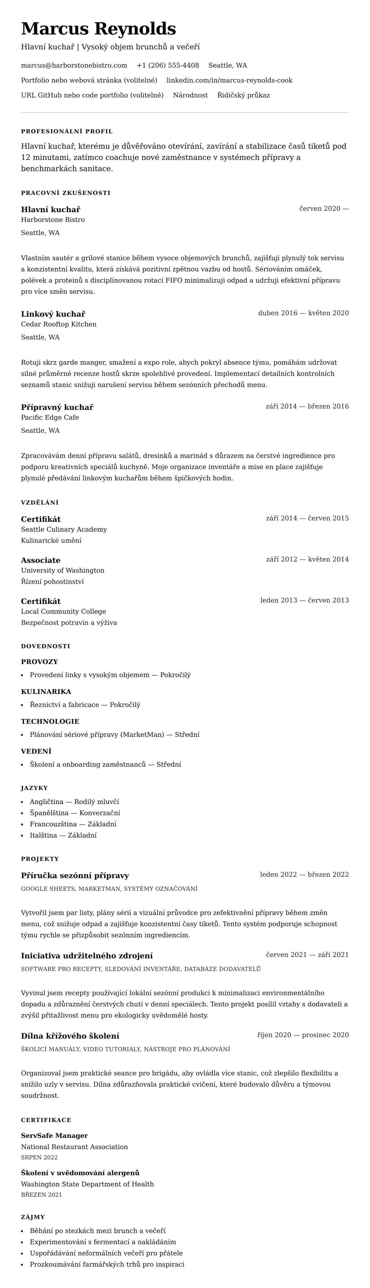 Náhled životopisu pro Příklad životopisu kuchaře