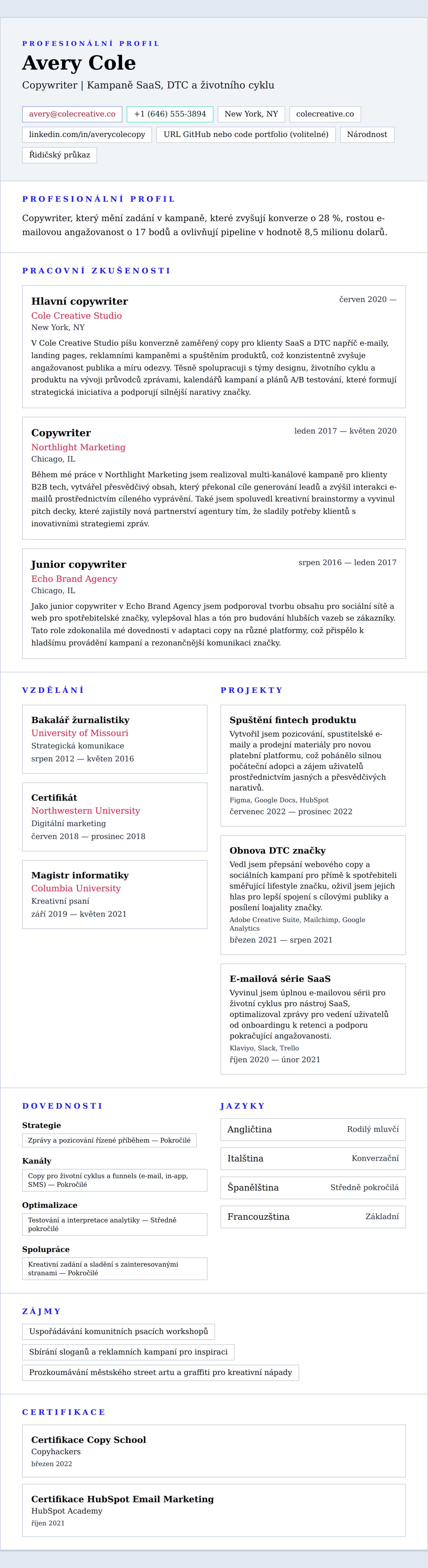 Náhled životopisu pro Příklad životopisu copywritera