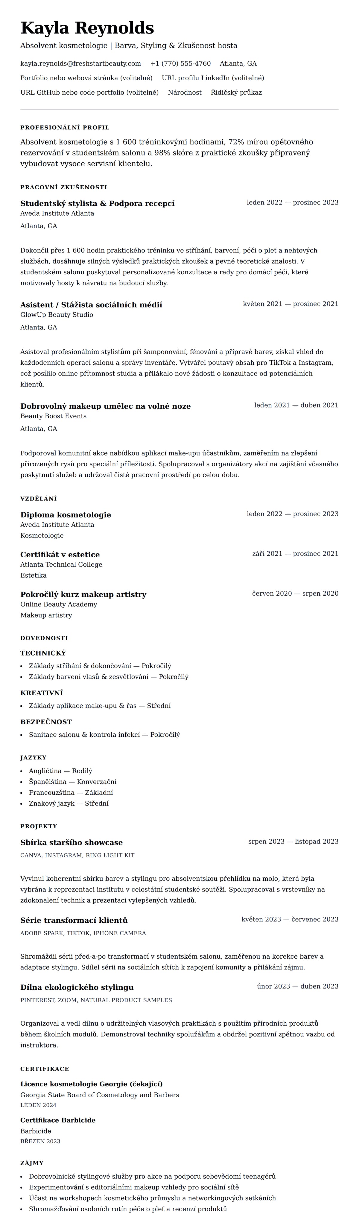 Náhled životopisu pro Příklad životopisu absolventa kosmetologie