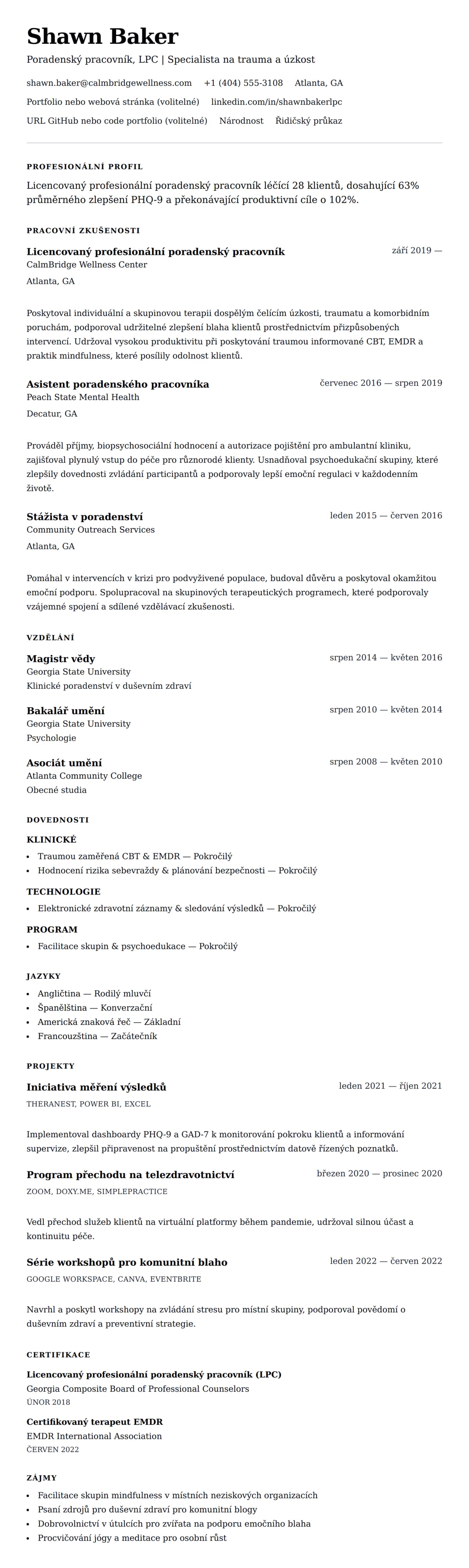 Náhled životopisu pro Příklad životopisu pro poradenského pracovníka