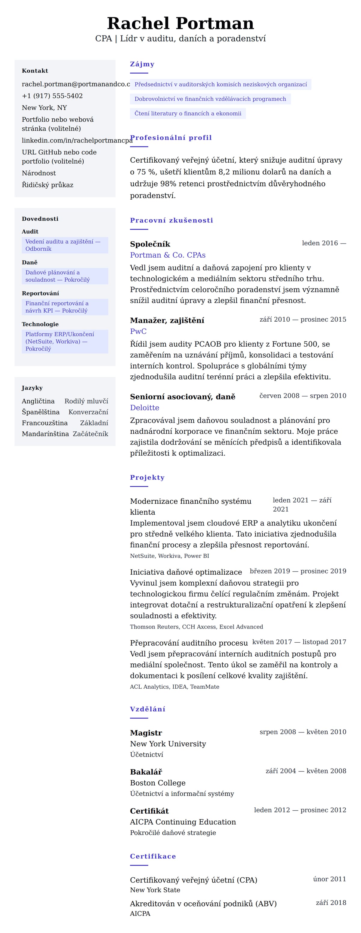 Náhled životopisu pro Příklad životopisu certifikovaného veřejného účetního