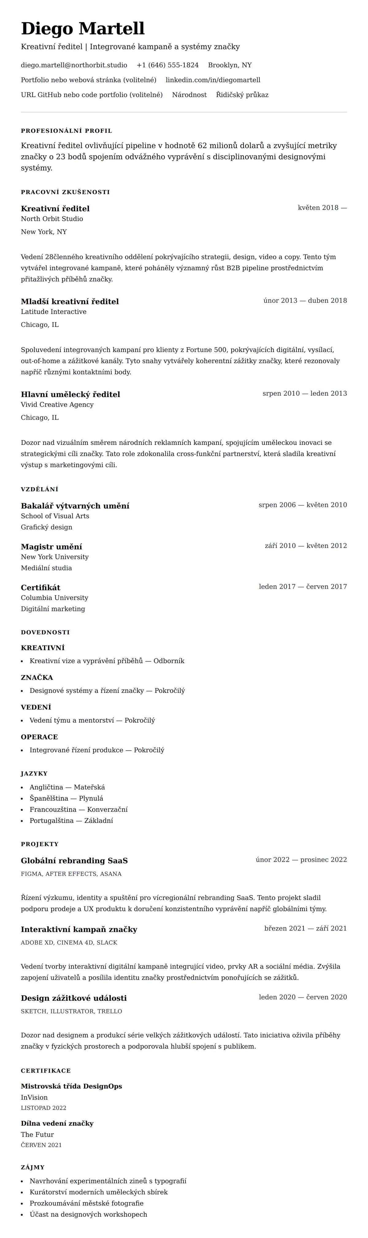 Náhled životopisu pro Příklad životopisu kreativního ředitele