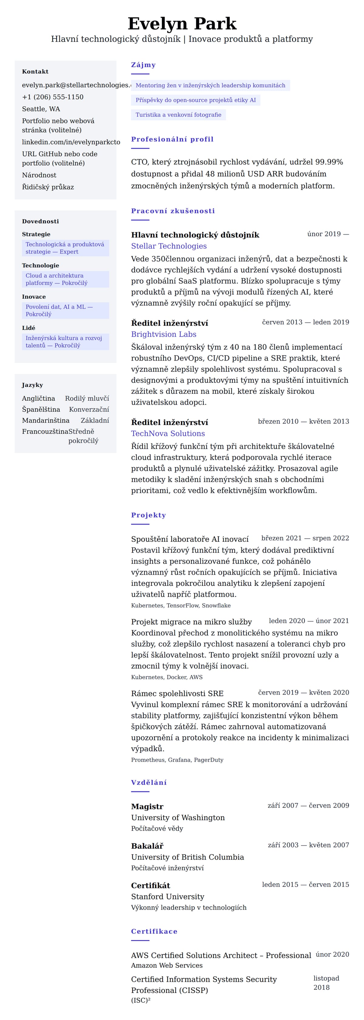 Náhled životopisu pro Příklad životopisu hlavního technologického důstojníka