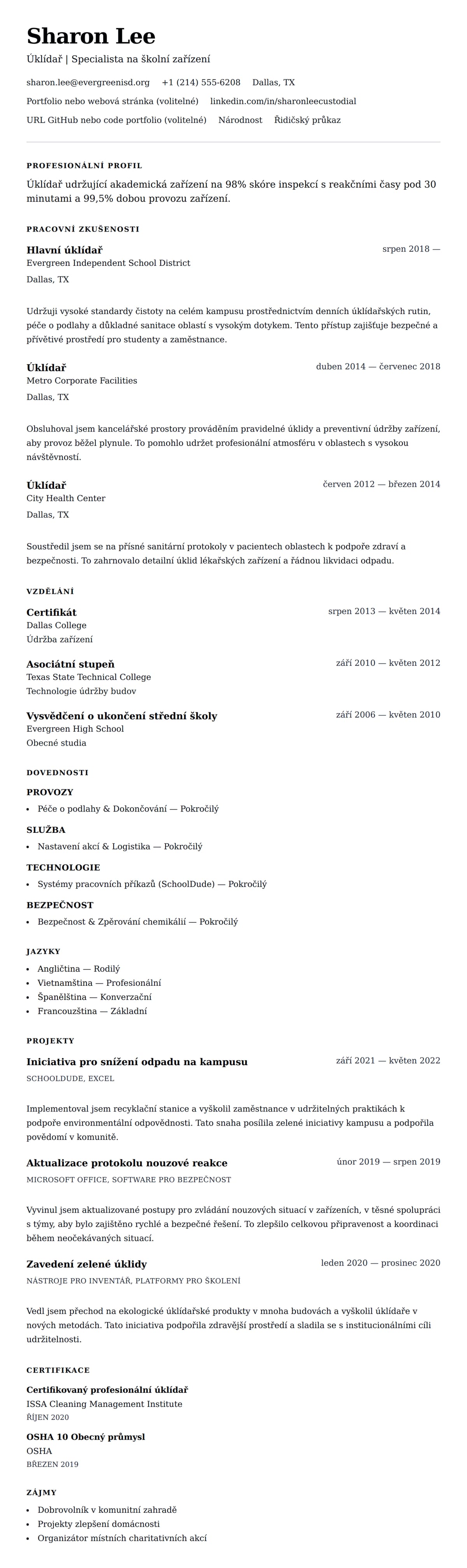 Náhled životopisu pro Příklad životopisu úklídaře