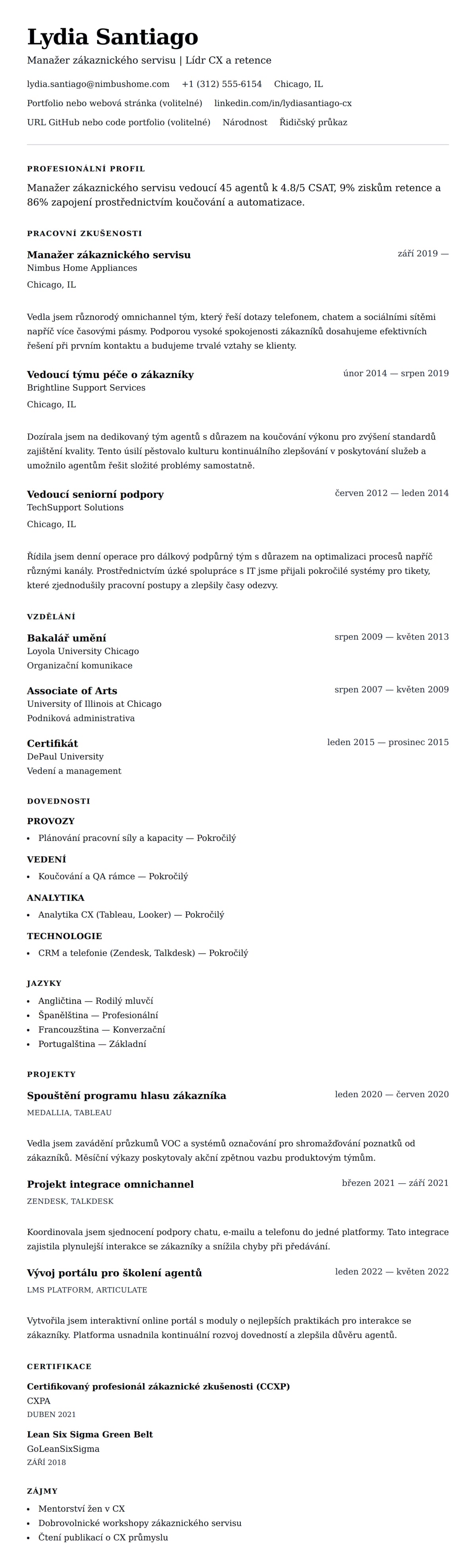 Náhled životopisu pro Příklad životopisu manažera zákaznického servisu