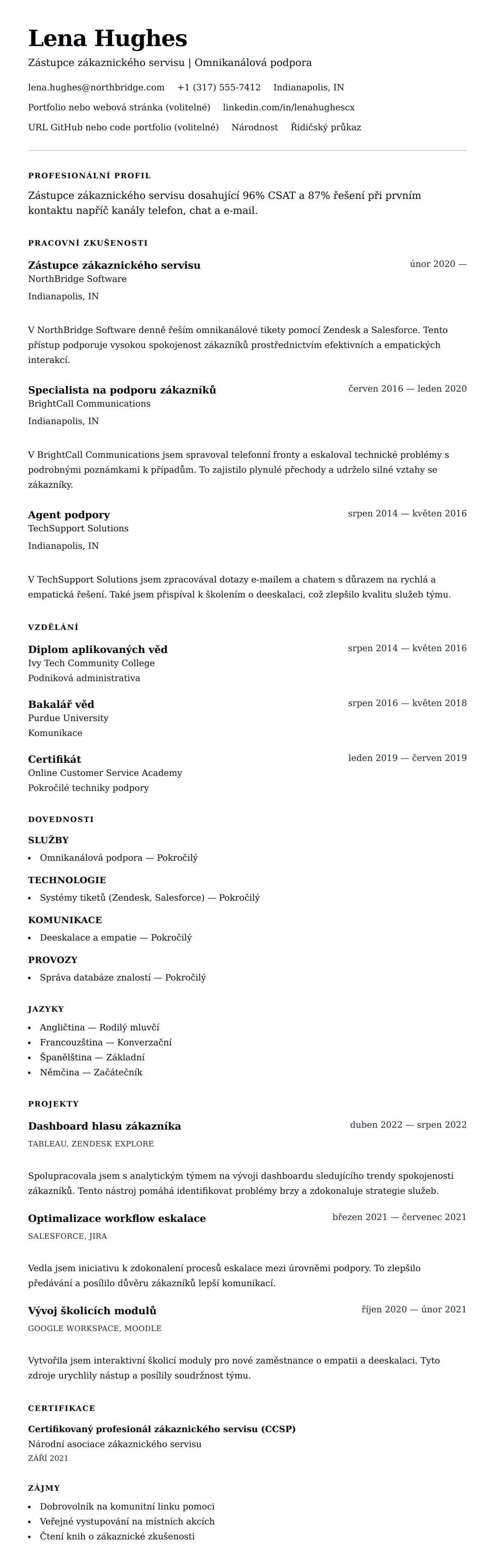 Náhled životopisu pro Příklad životopisu zástupce zákaznického servisu