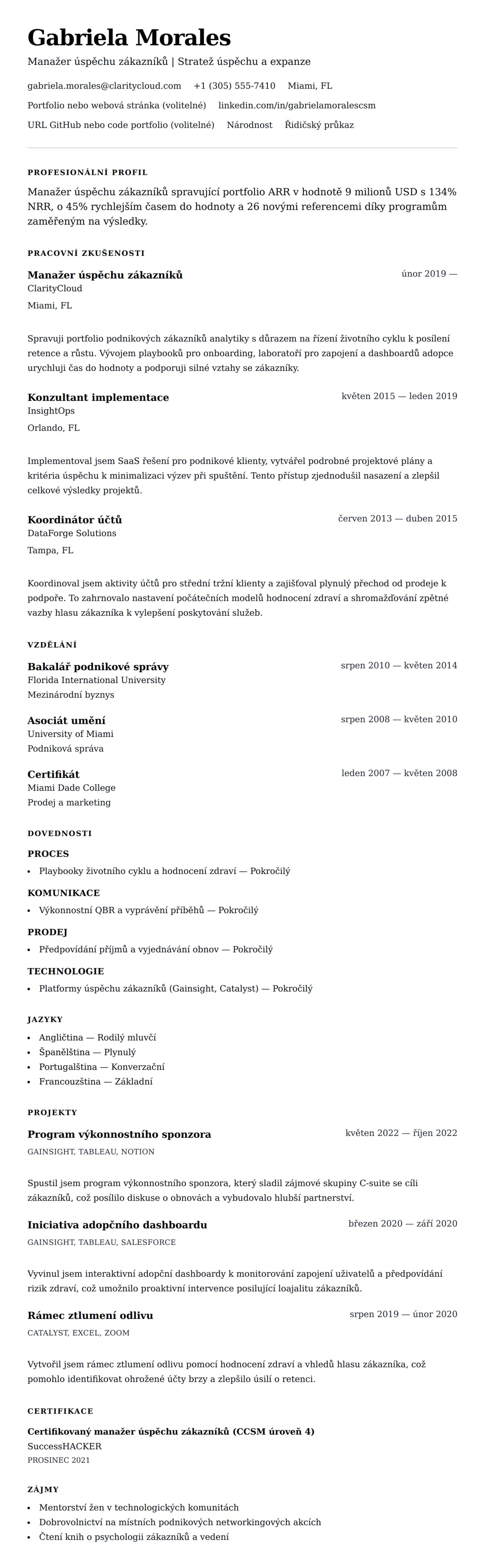 Náhled životopisu pro Příklad životopisu Manažera úspěchu zákazníků