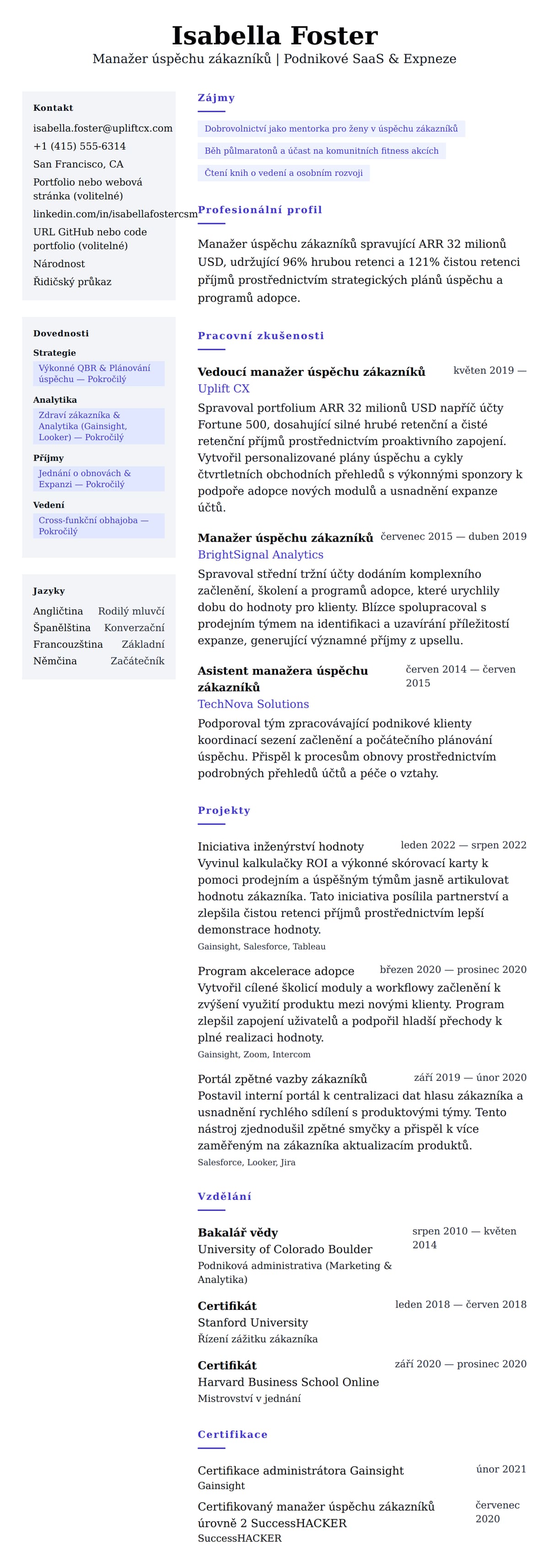 Náhled životopisu pro Příklad životopisu Manažera úspěchu zákazníků