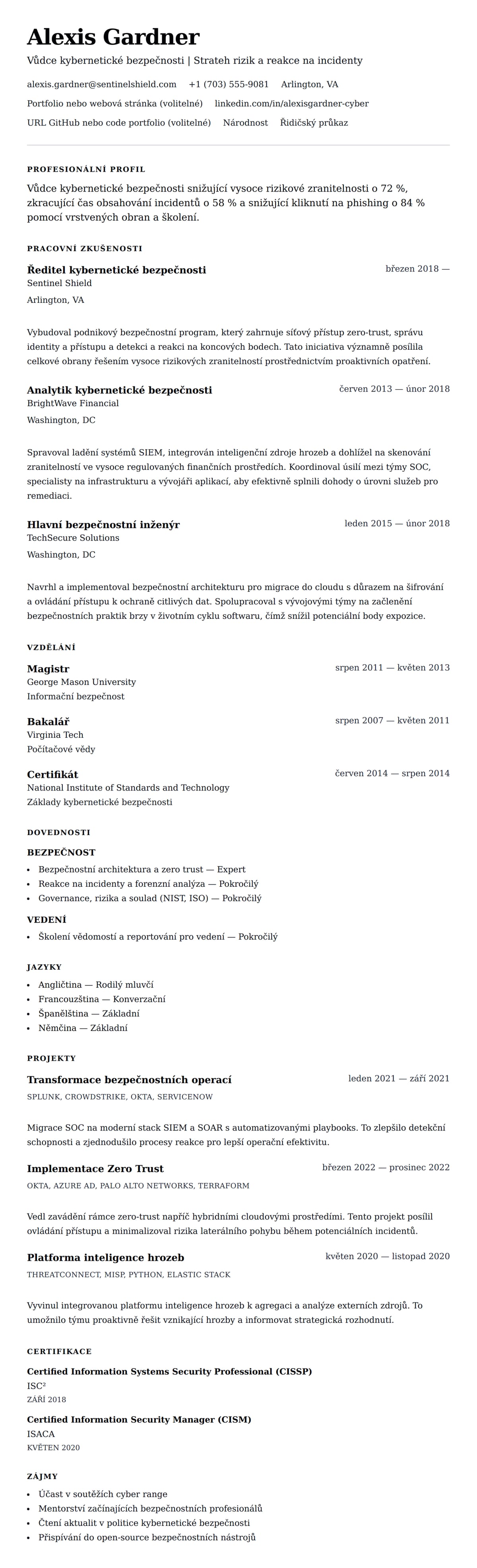 Náhled životopisu pro Příklad životopisu profesionála v kybernetické bezpečnosti