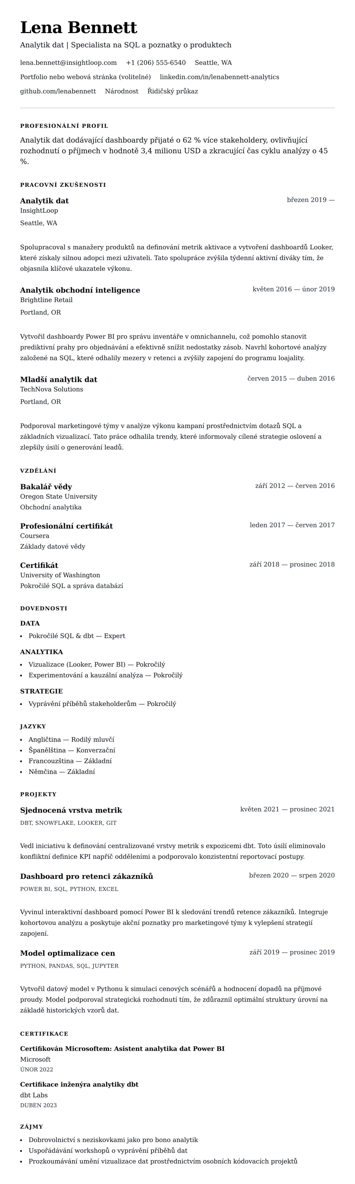 Náhled životopisu pro Příklad životopisu analytika dat