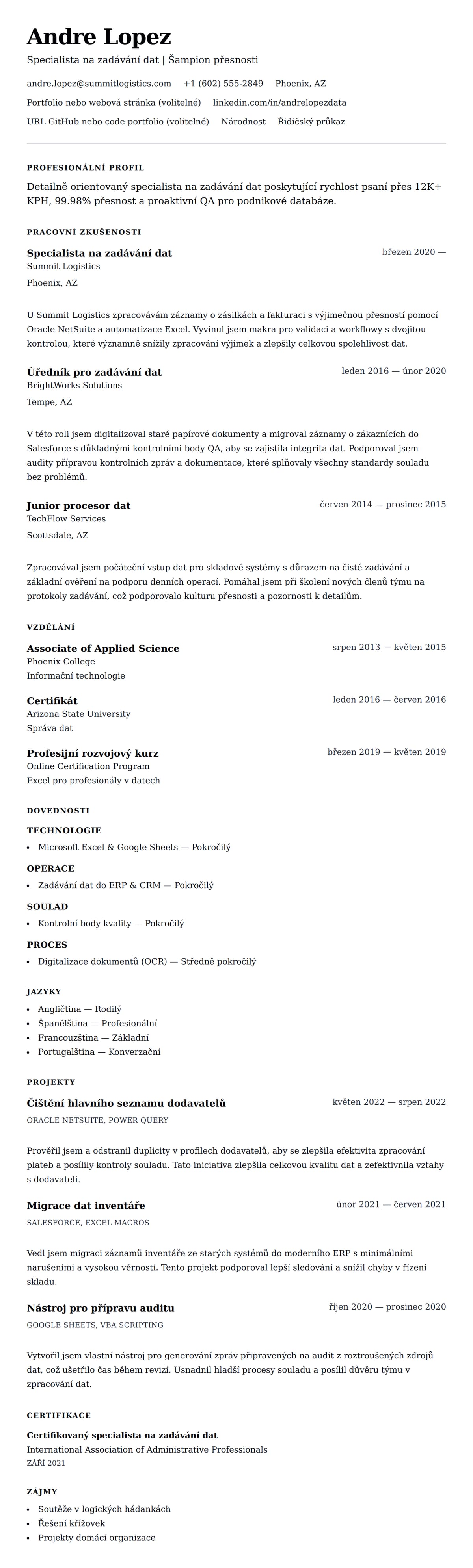 Náhled životopisu pro Příklad životopisu specialisty na zadávání dat