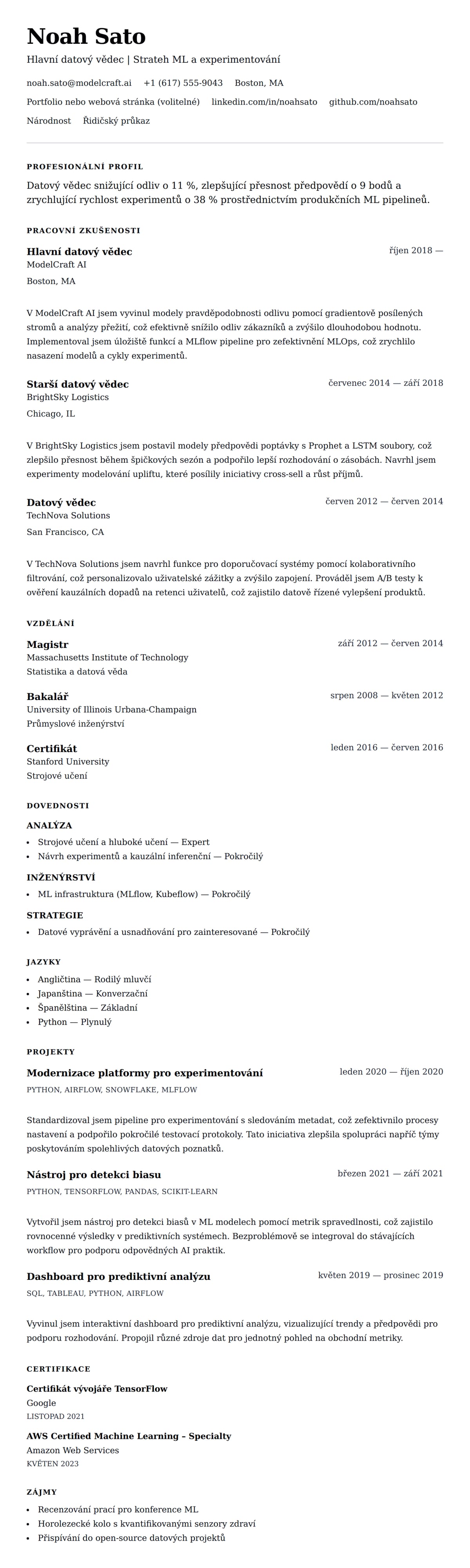 Náhled životopisu pro Příklad životopisu datového vědce