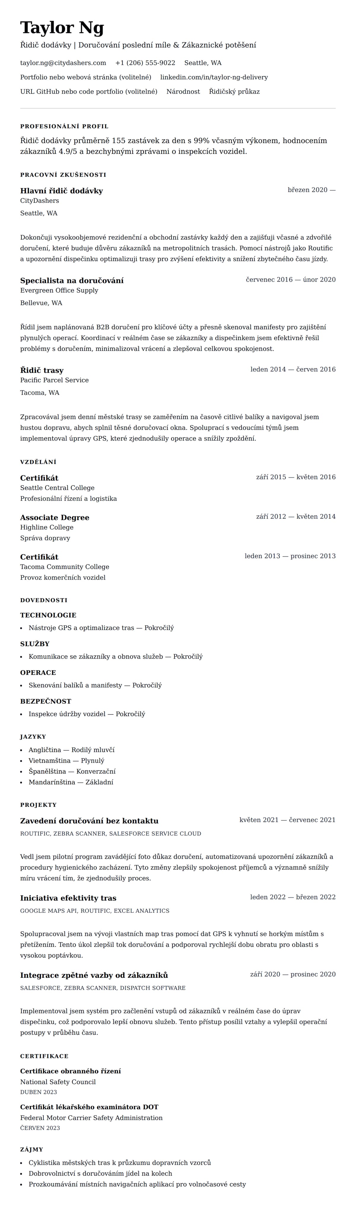 Náhled životopisu pro Příklad životopisu řidiče dodávky