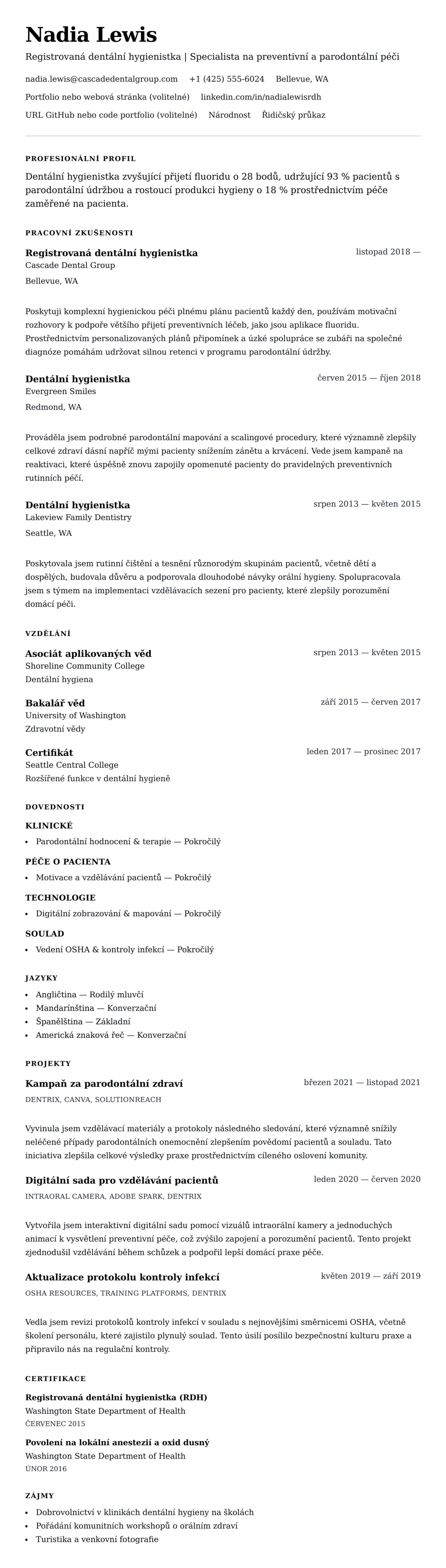 Náhled životopisu pro Příklad životopisu dentální hygienistky