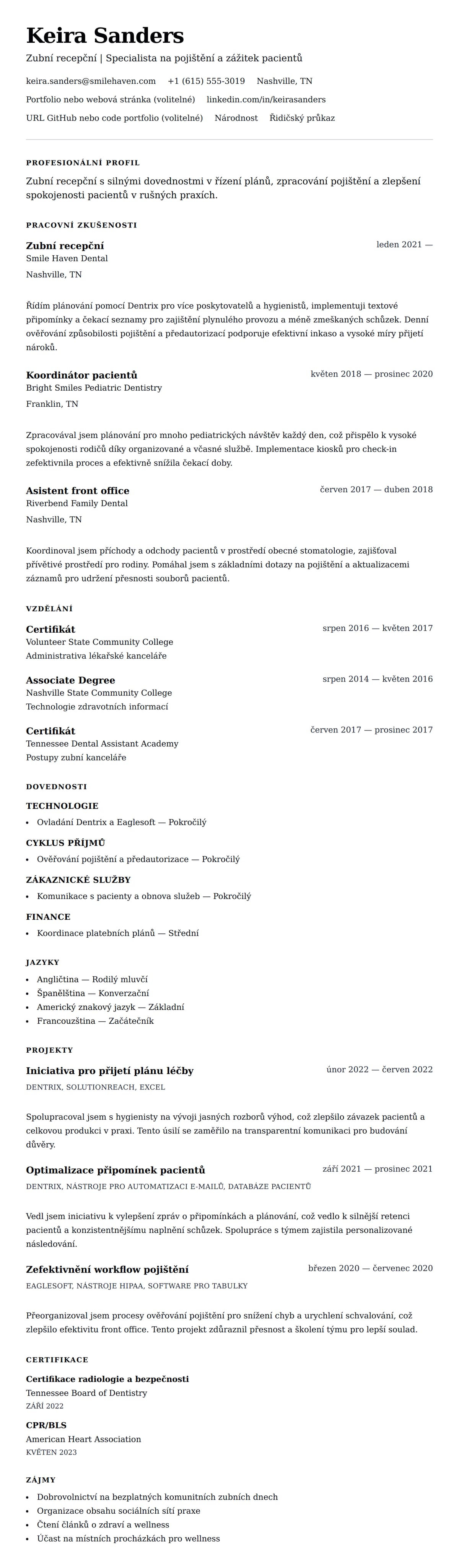 Náhled životopisu pro Příklad životopisu zubní recepční