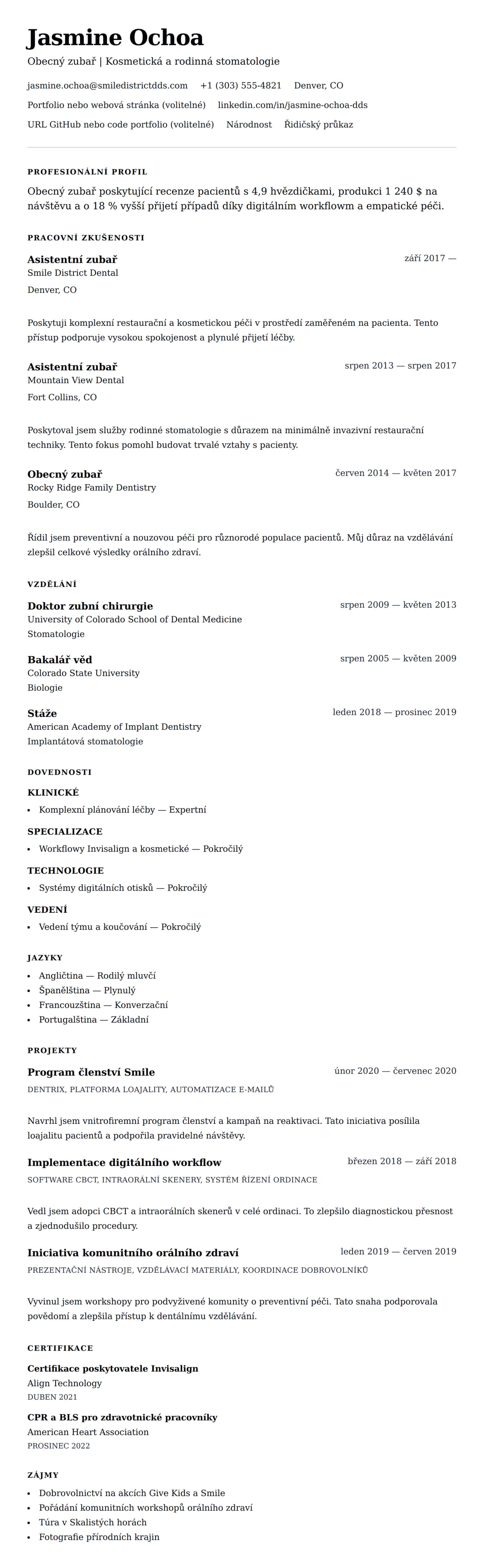 Náhled životopisu pro Příklad životopisu zubaře