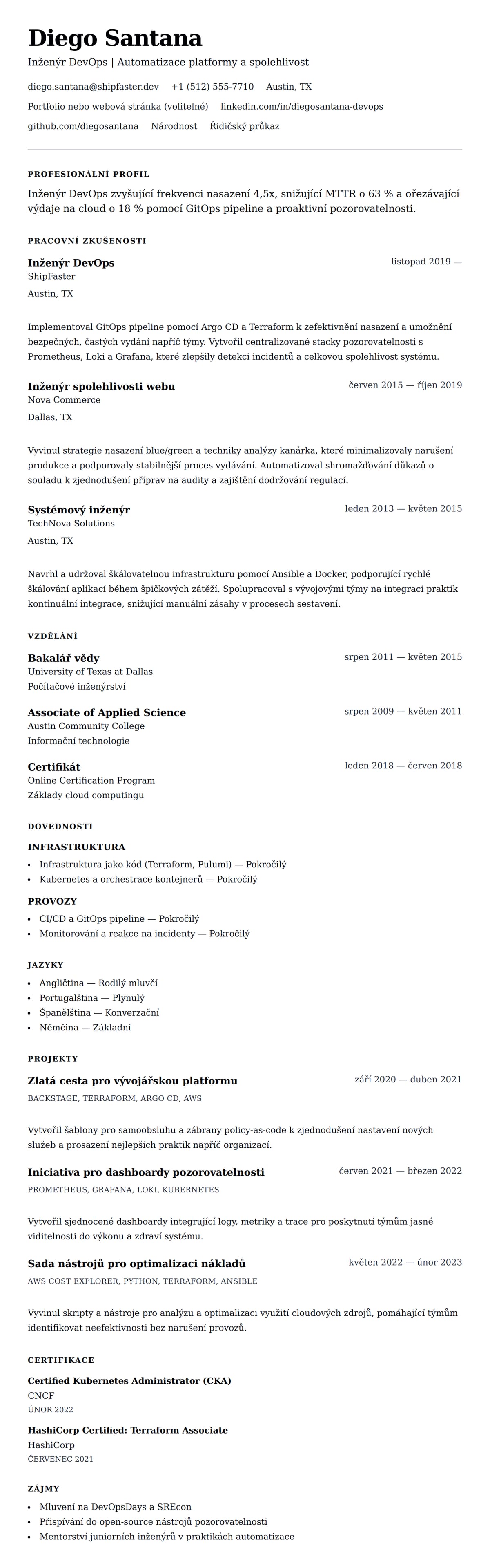 Náhled životopisu pro Příklad životopisu inženýra DevOps