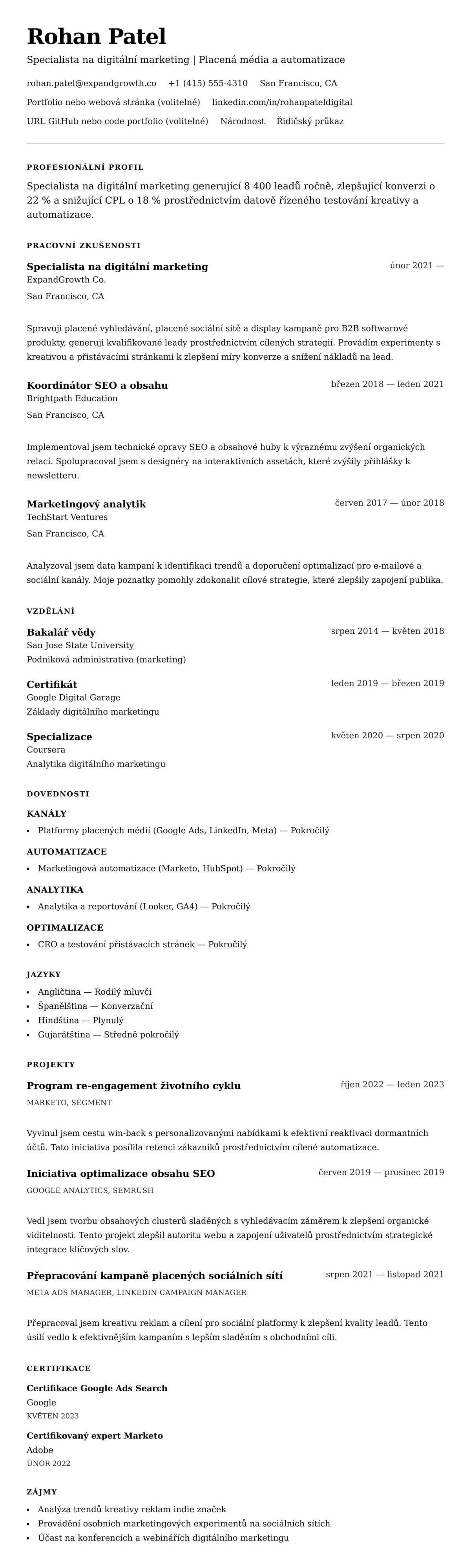 Náhled životopisu pro Příklad životopisu specialisty na digitální marketing