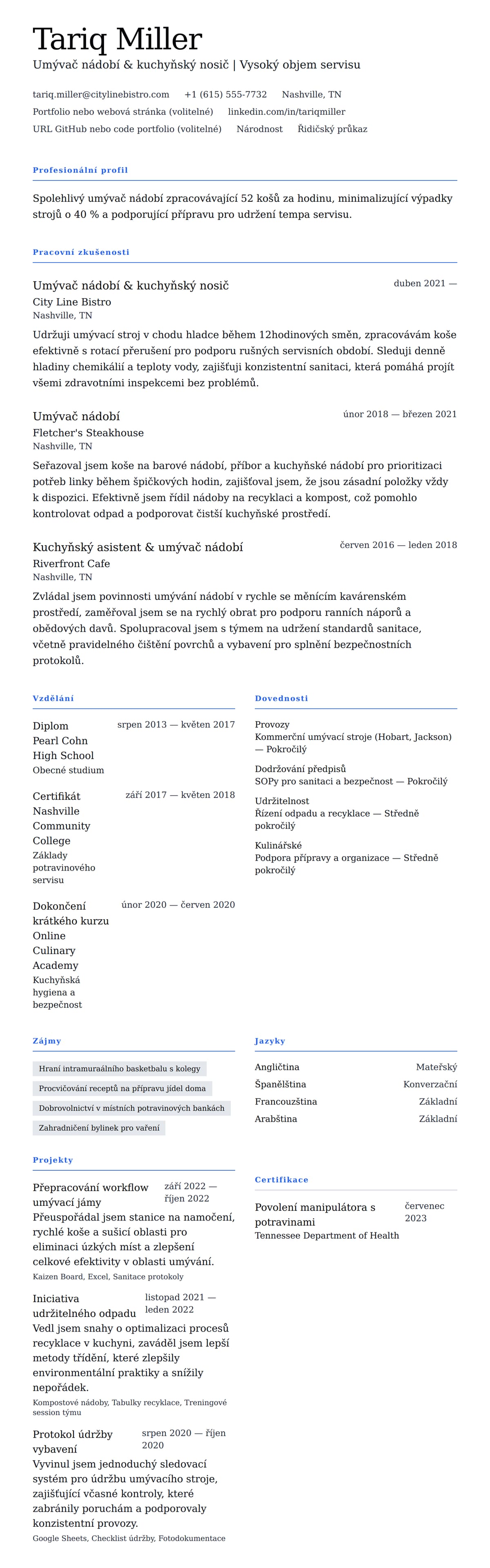 Náhled životopisu pro Příklad životopisu umývače nádobí