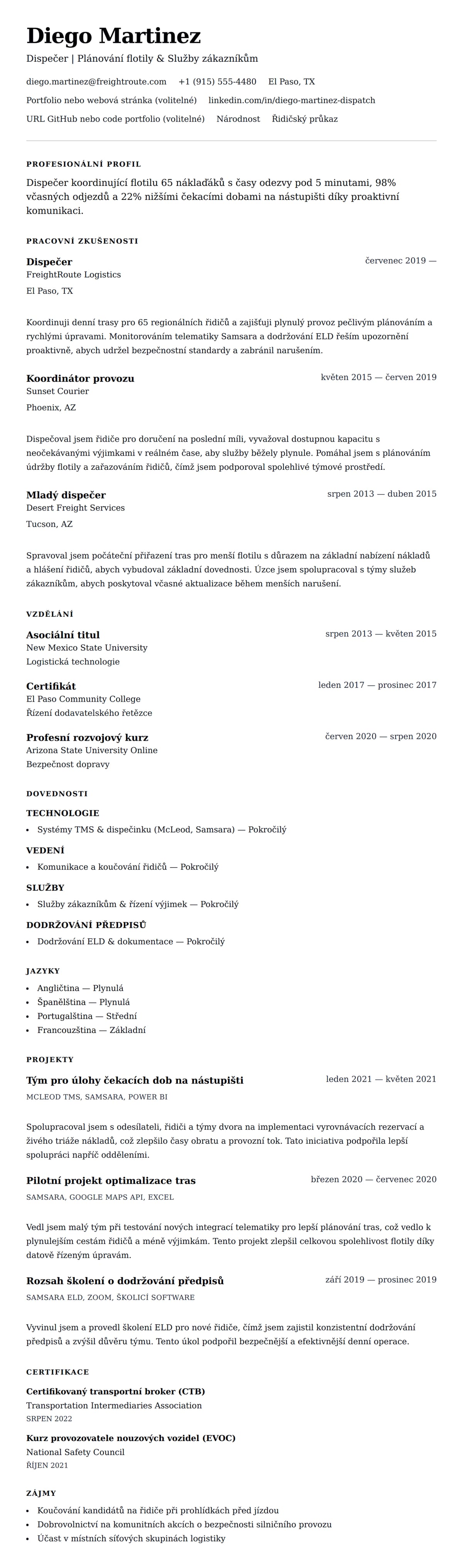 Náhled životopisu pro Příklad životopisu dispečera