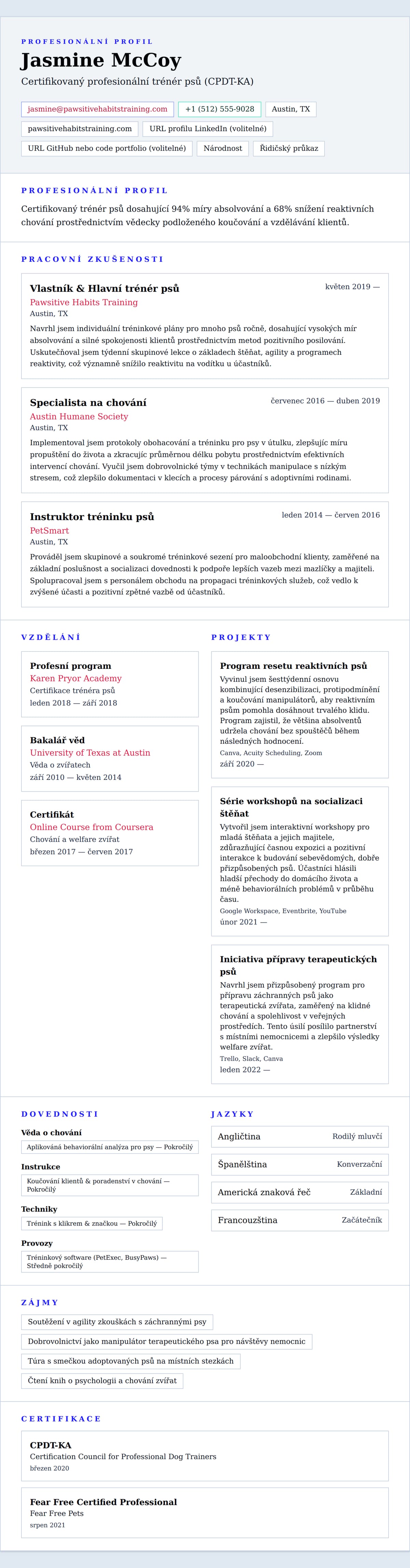 Náhled životopisu pro Příklad životopisu trénéra psů