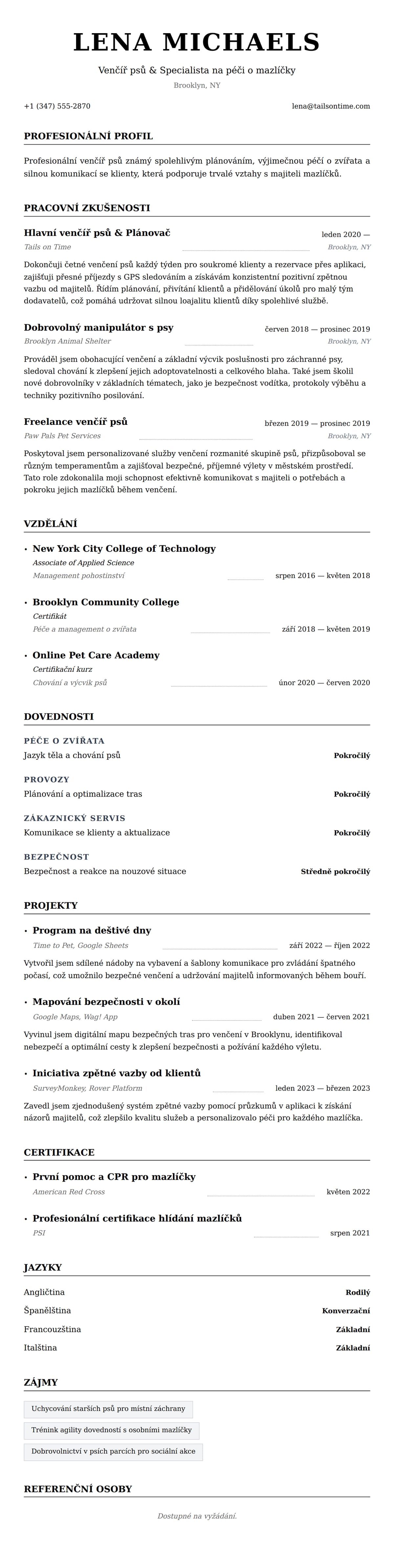 Náhled životopisu pro Příklad životopisu Venčíře psů