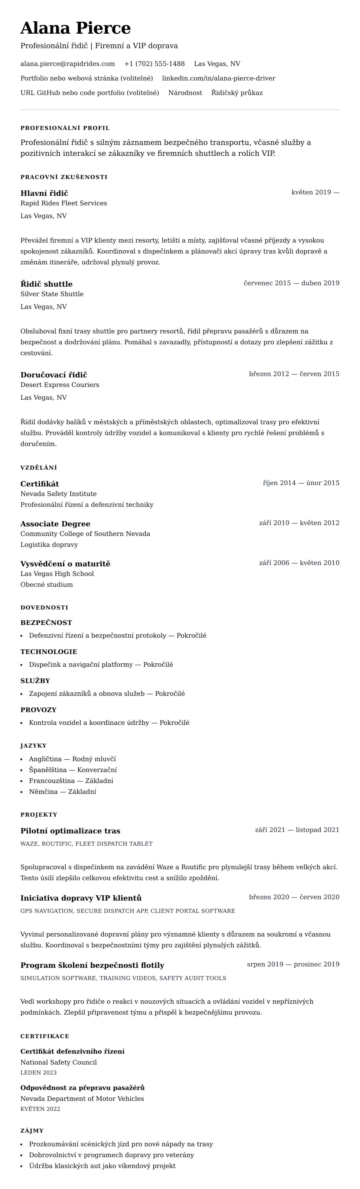 Náhled životopisu pro Příklad životopisu řidiče