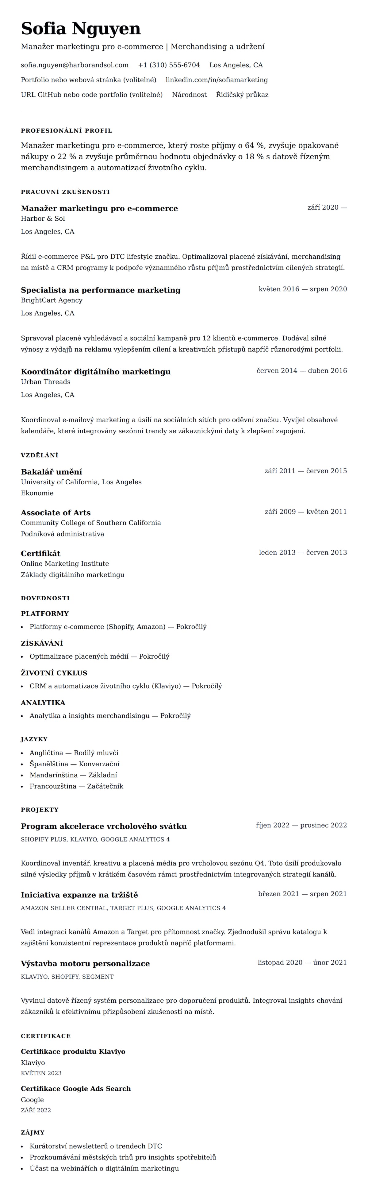 Náhled životopisu pro Příklad životopisu Manažera marketingu pro e-commerce