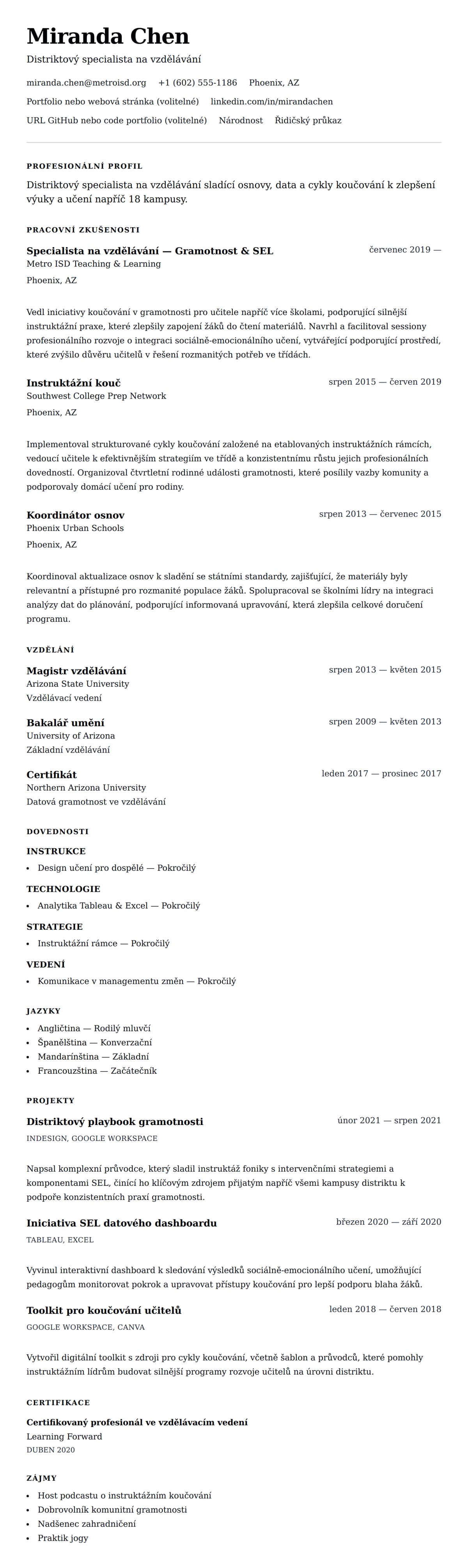 Náhled životopisu pro Příklad životopisu pro specialistu na vzdělávání