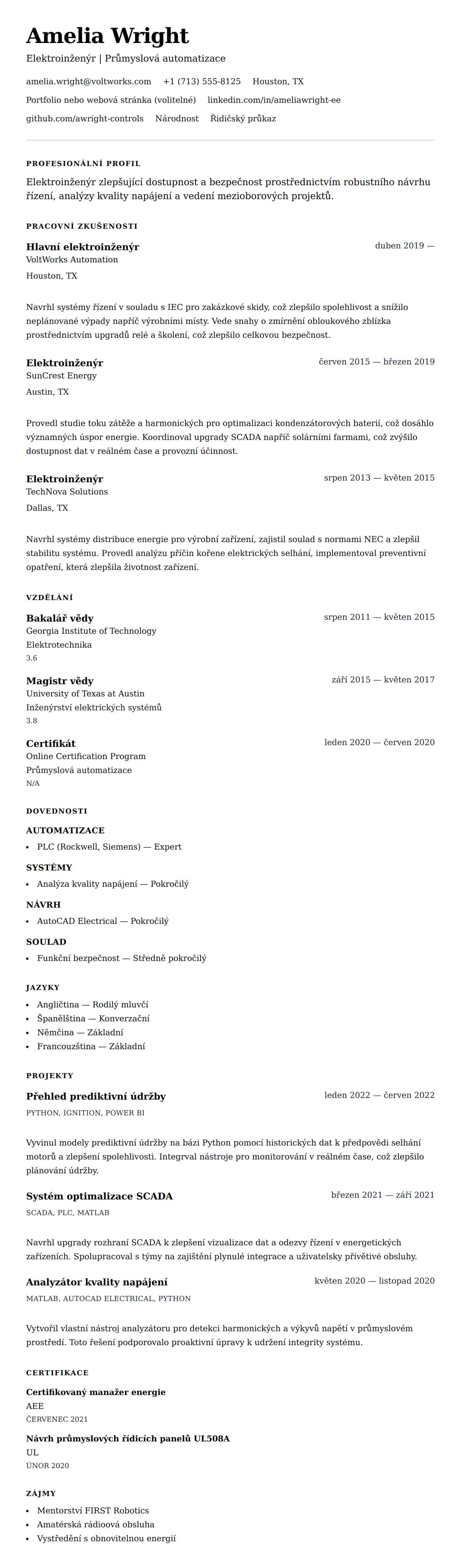 Náhled životopisu pro Příklad životopisu elektroinženýra