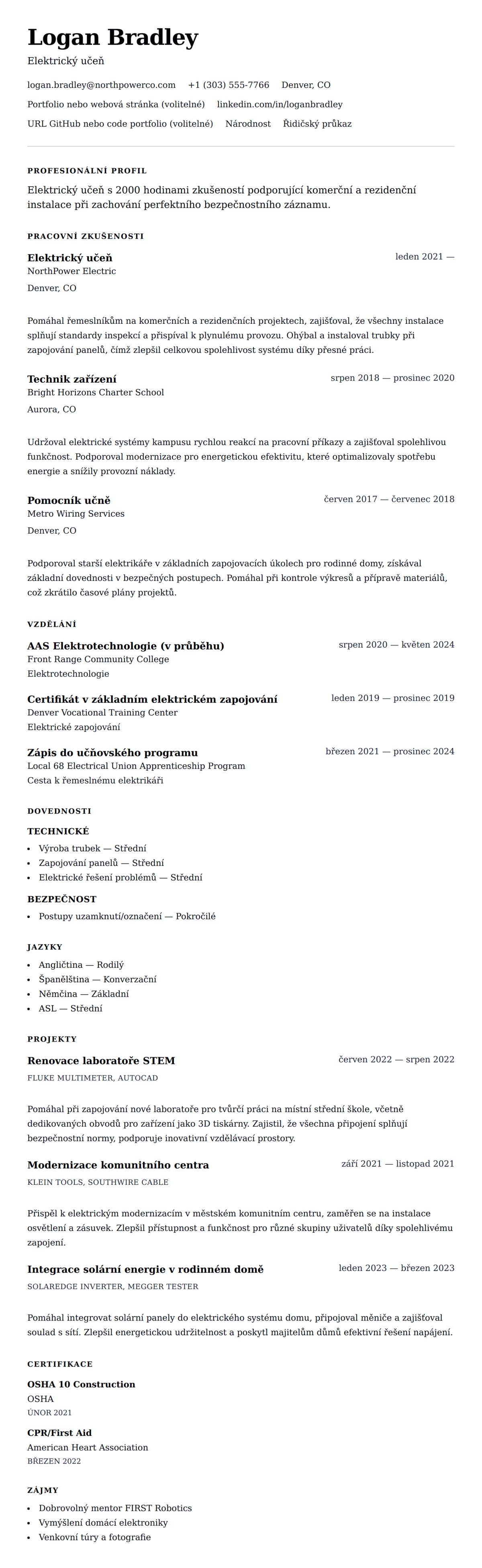 Náhled životopisu pro Příklad životopisu pro elektrikářského učně