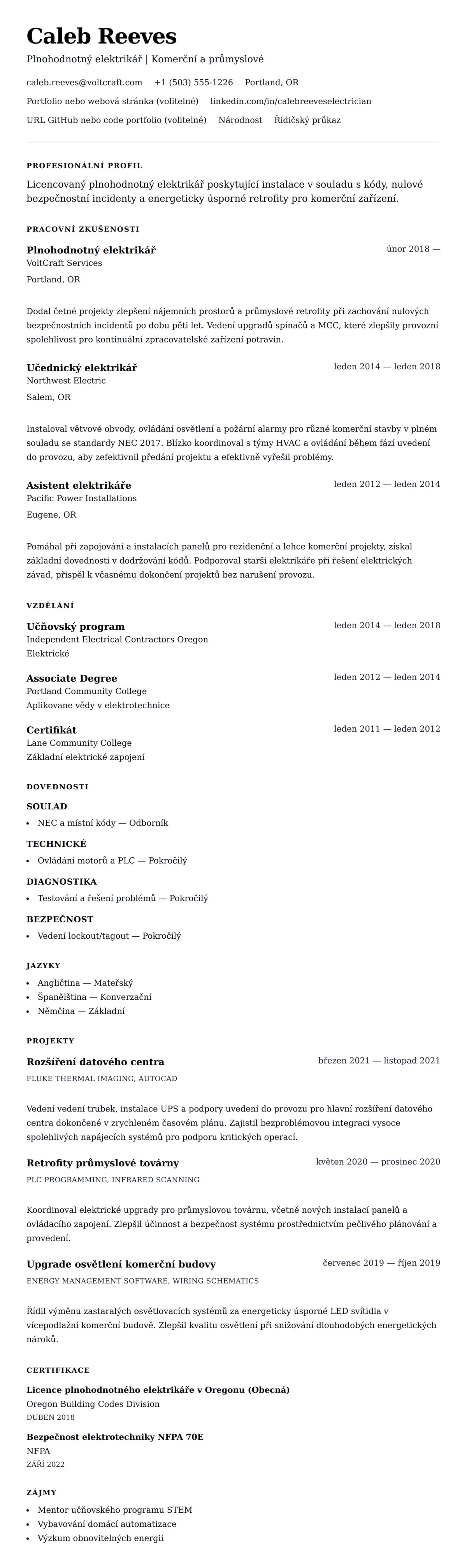 Náhled životopisu pro Příklad životopisu elektrikáře