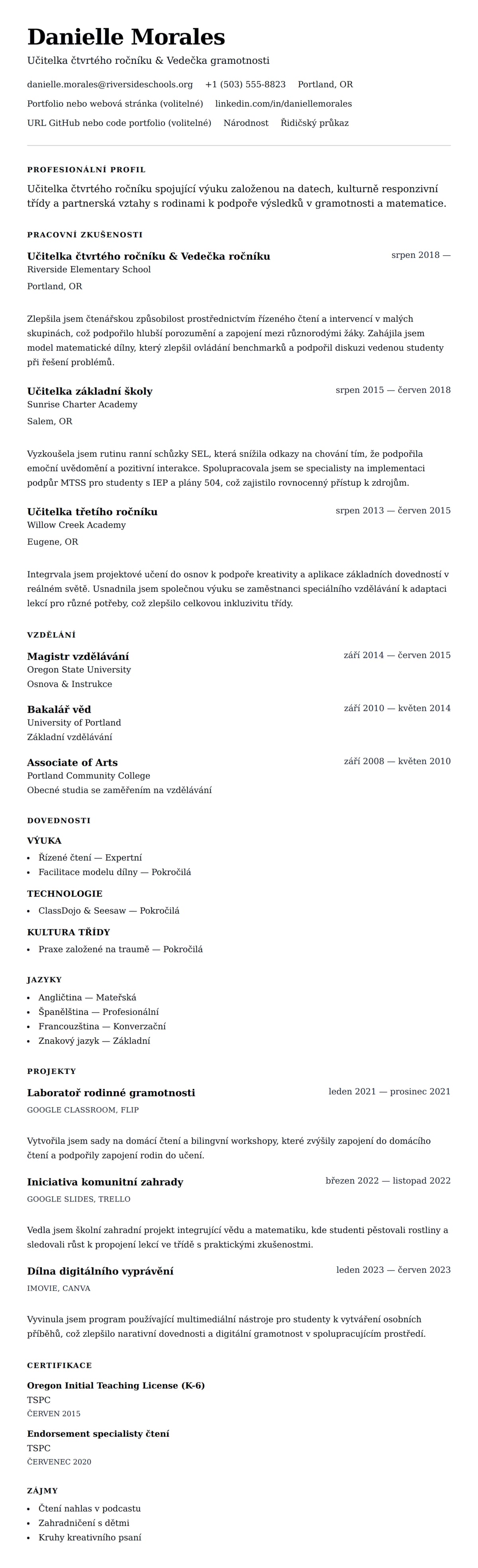 Náhled životopisu pro Příklad životopisu učitelky základní školy