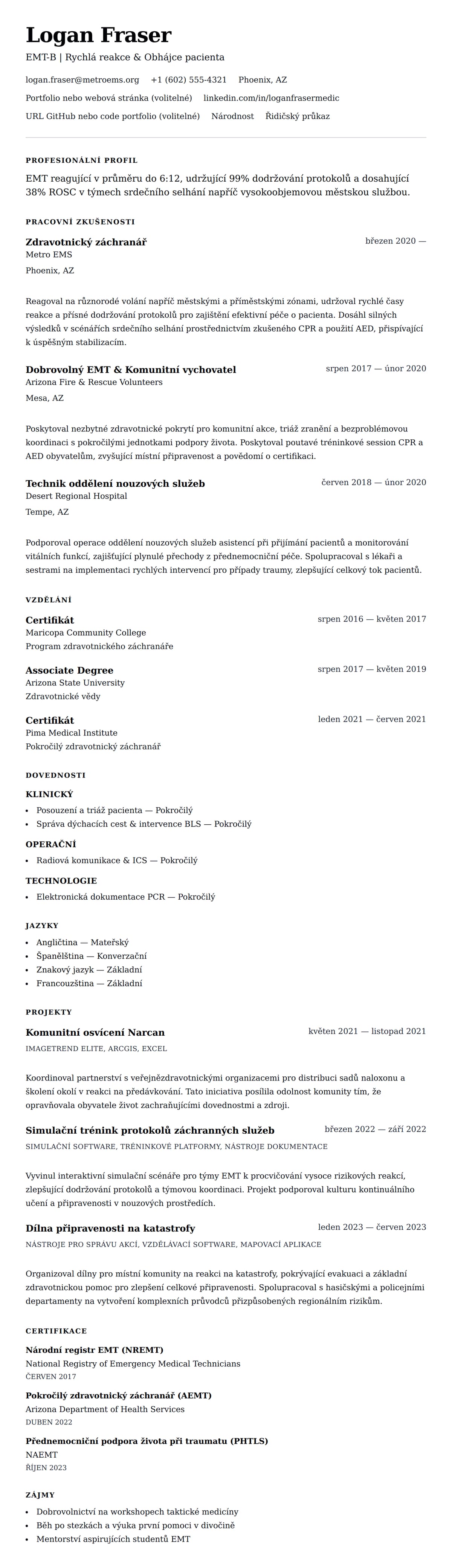 Náhled životopisu pro Příklad životopisu zdravotnického záchranáře (EMT)