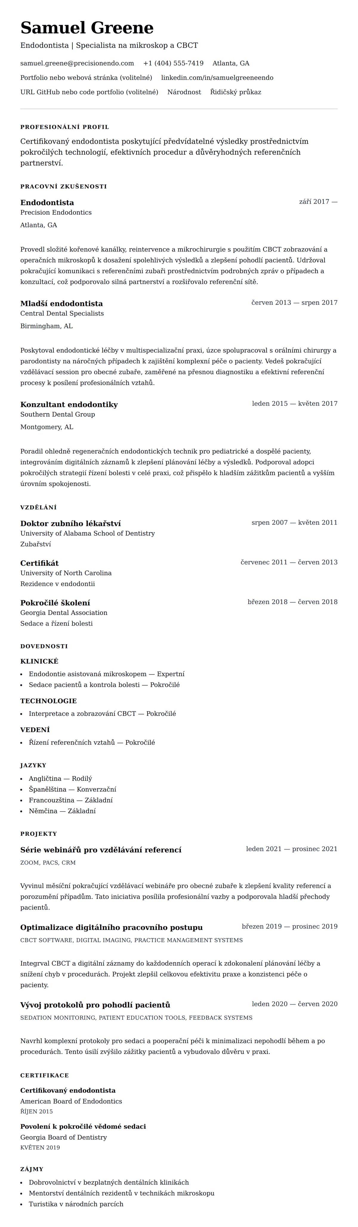 Náhled životopisu pro Příklad životopisu endodontisty