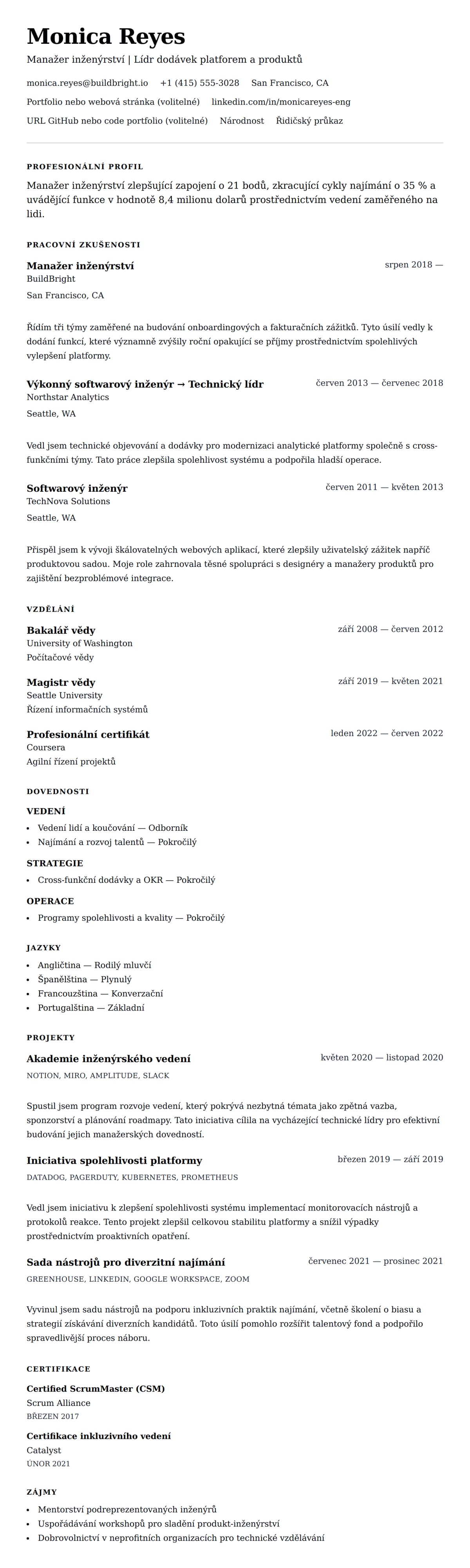 Náhled životopisu pro Příklad životopisu Manažera inženýrství