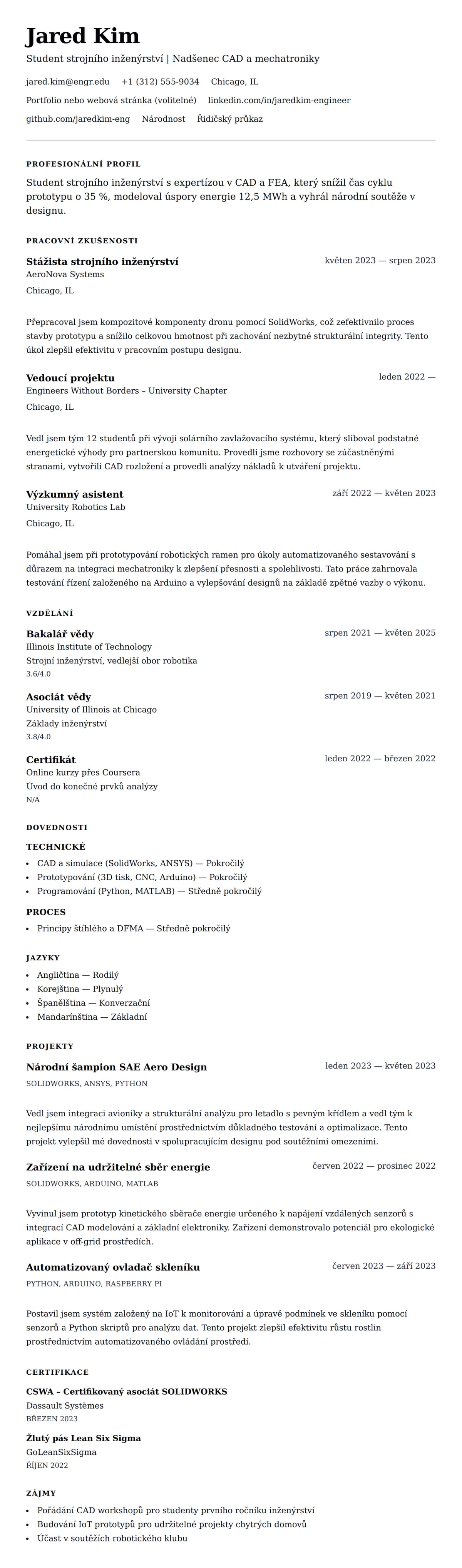 Náhled životopisu pro Příklad životopisu studenta inženýrství