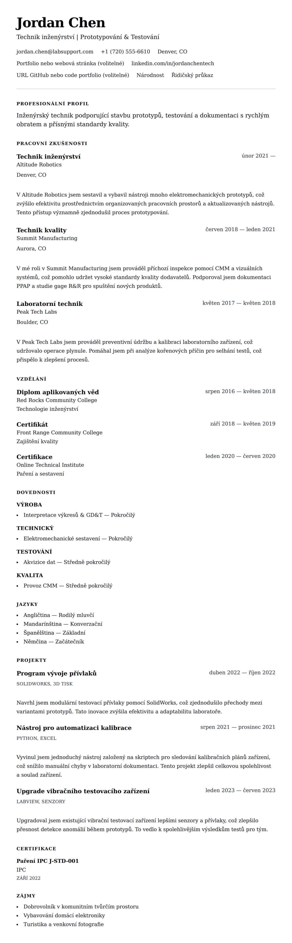 Náhled životopisu pro Příklad životopisu technika