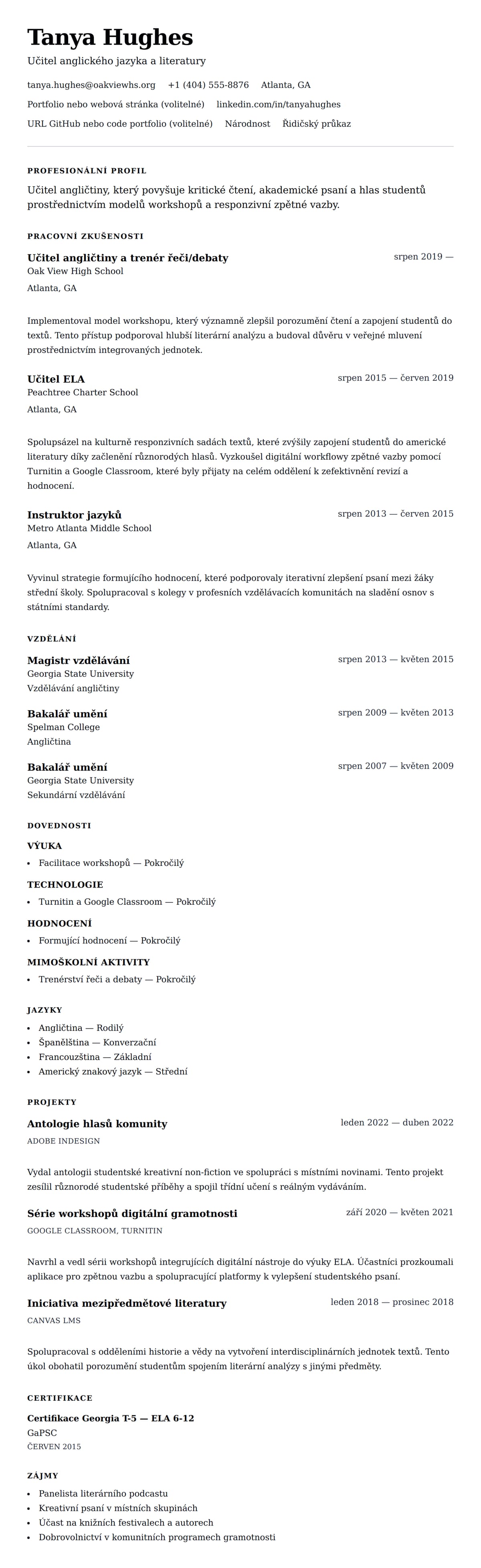 Náhled životopisu pro Příklad životopisu učitele angličtiny