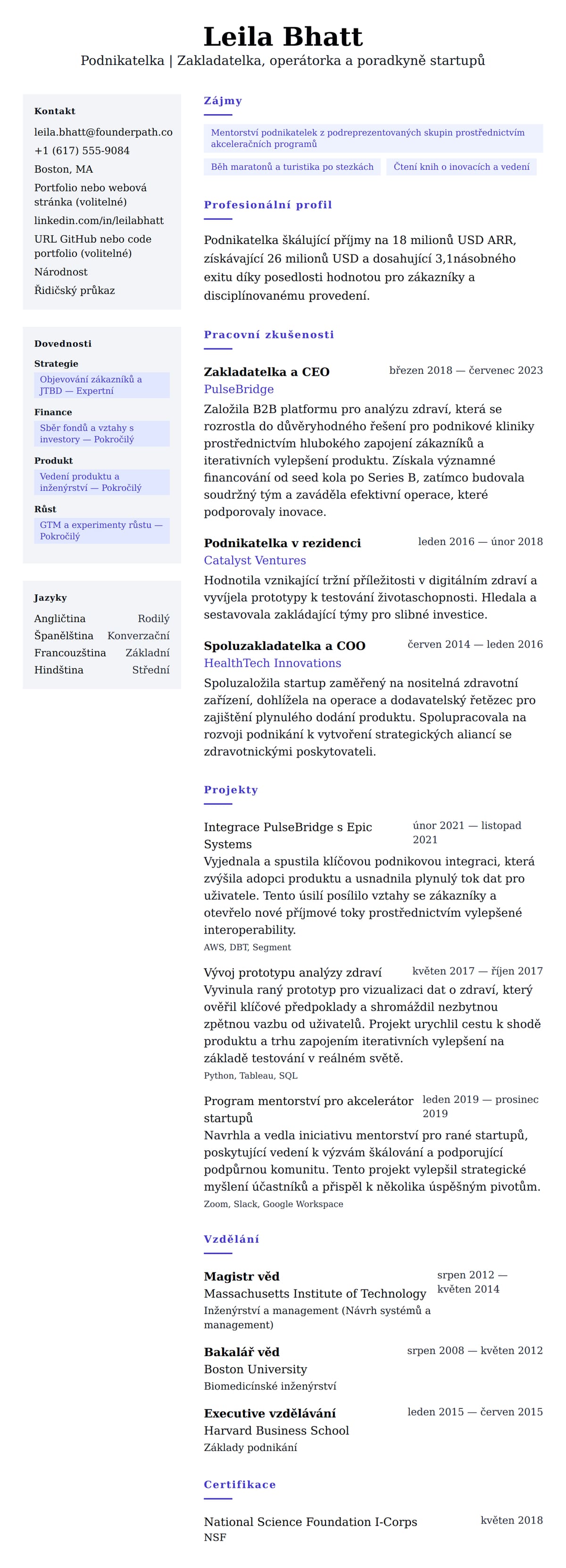 Náhled životopisu pro Příklad životopisu podnikatele