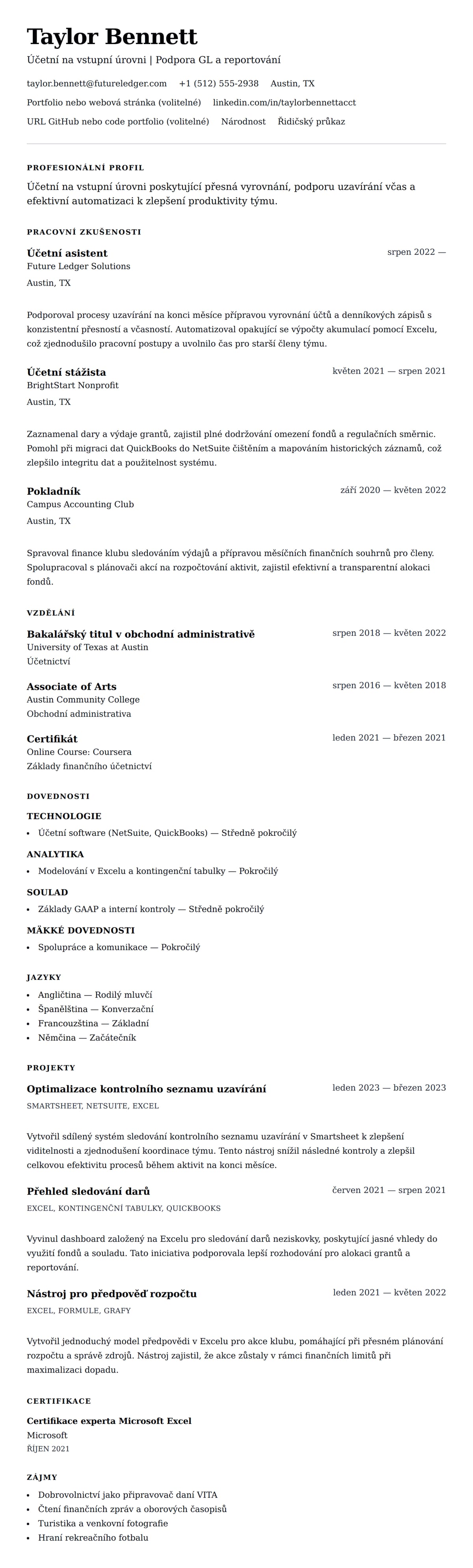 Náhled životopisu pro Příklad životopisu pro Účetního na vstupní úrovni