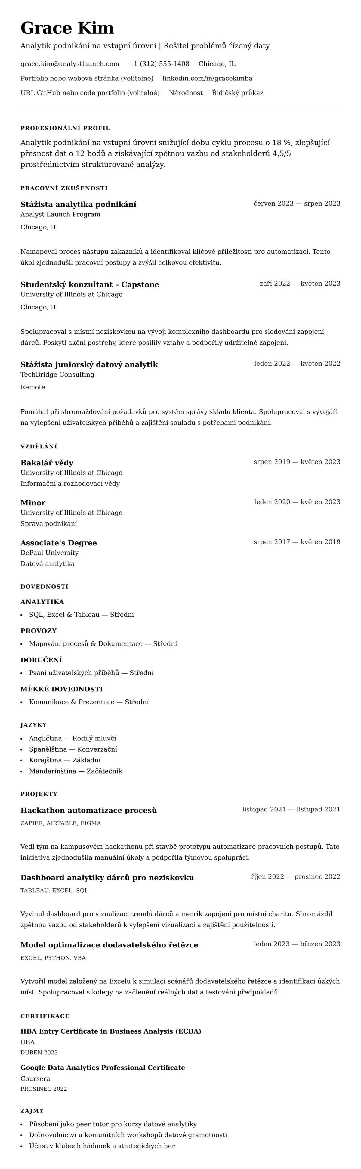 Náhled životopisu pro Příklad životopisu pro analytika podnikání na vstupní úrovni